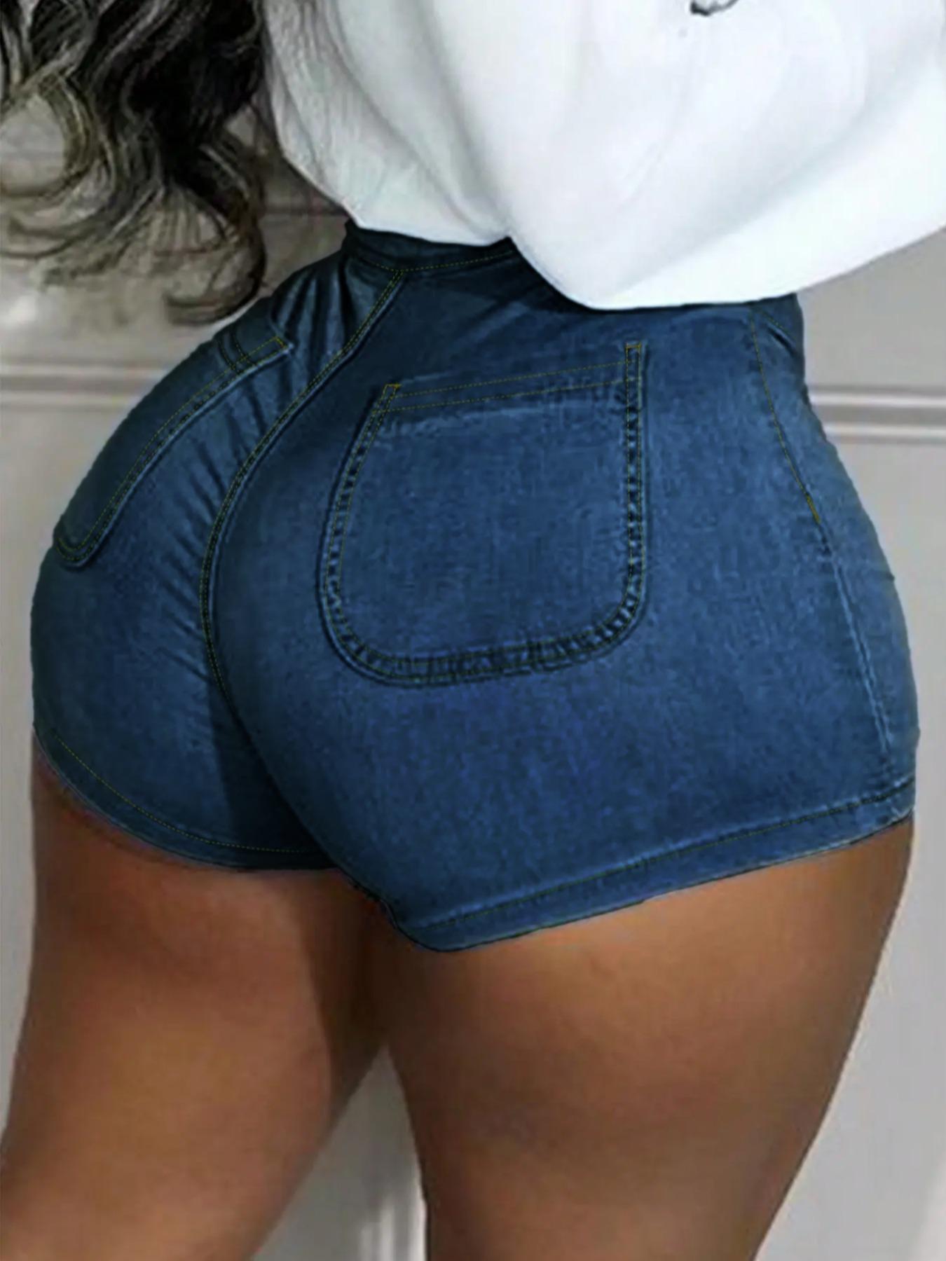 Women's Plain Pocket Button Denim Shorts, Casual Comfy Shorts for Daily Wear, Micro Shorts, Ladies Bottoms for Summer, Shorts for Women, Womenswear, Jean Shorts, Casual Fitted Shorts, Button Fly Shorts