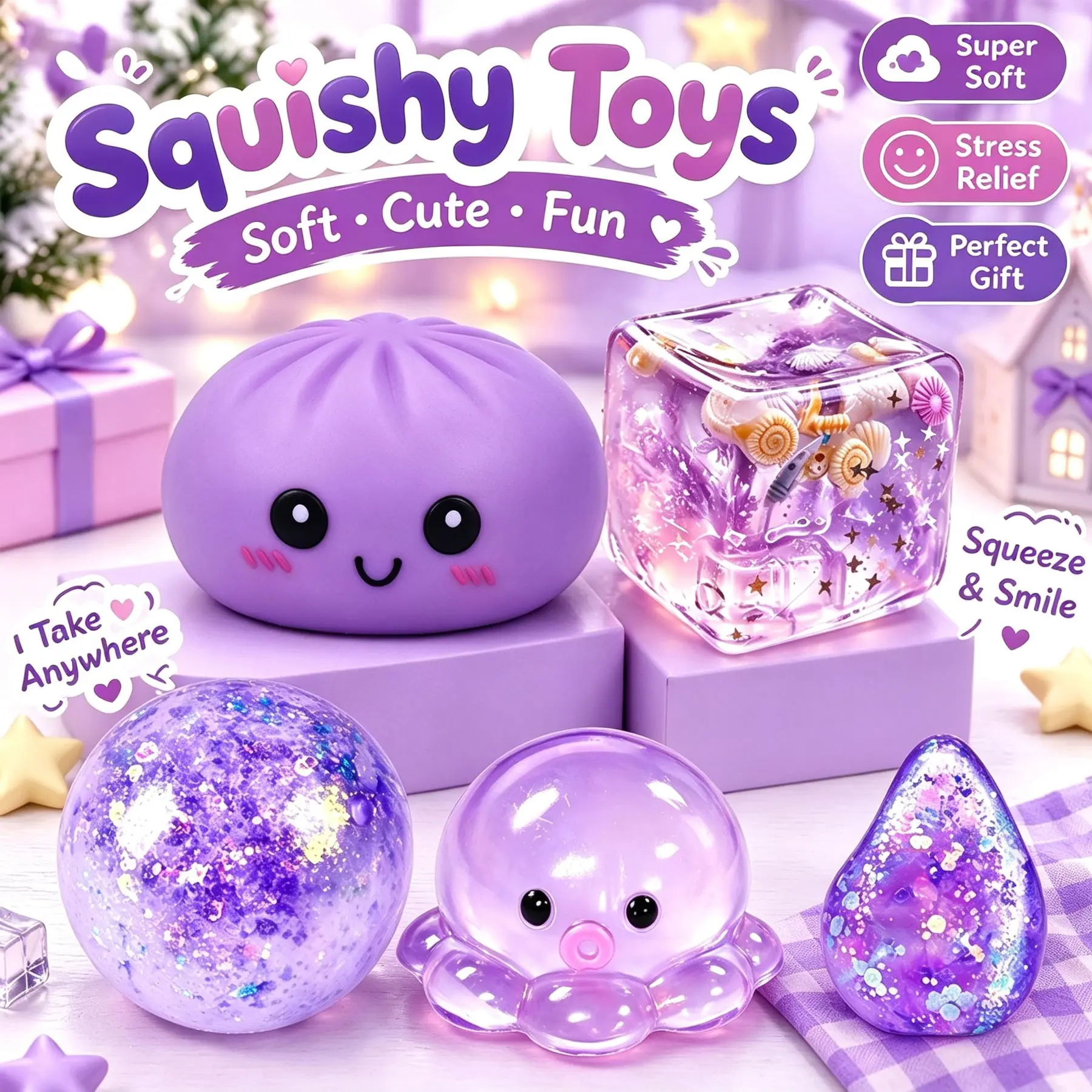 5 Pack Glitter Squeeze Stress Relief Toys, Soft Squishy Fidget Balls, Glittery Squishies, Portable Sensory Toys, Ideal Gifts for Kids Adults