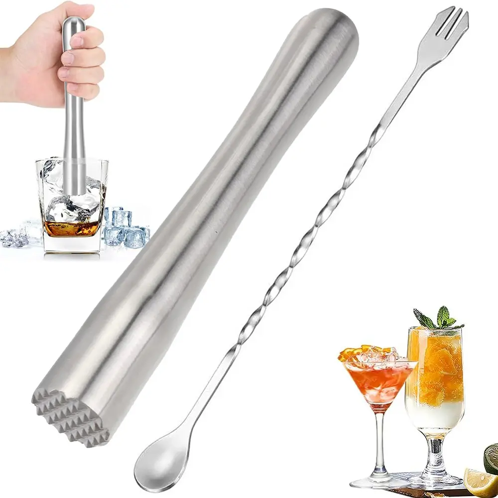 8.9 Inch Stainless Steel Cocktail Muddler and 10.2 Inch Long Handle Bar Stirring Spoon Set, Barware, Home Bar Tools, Bartender Accessories