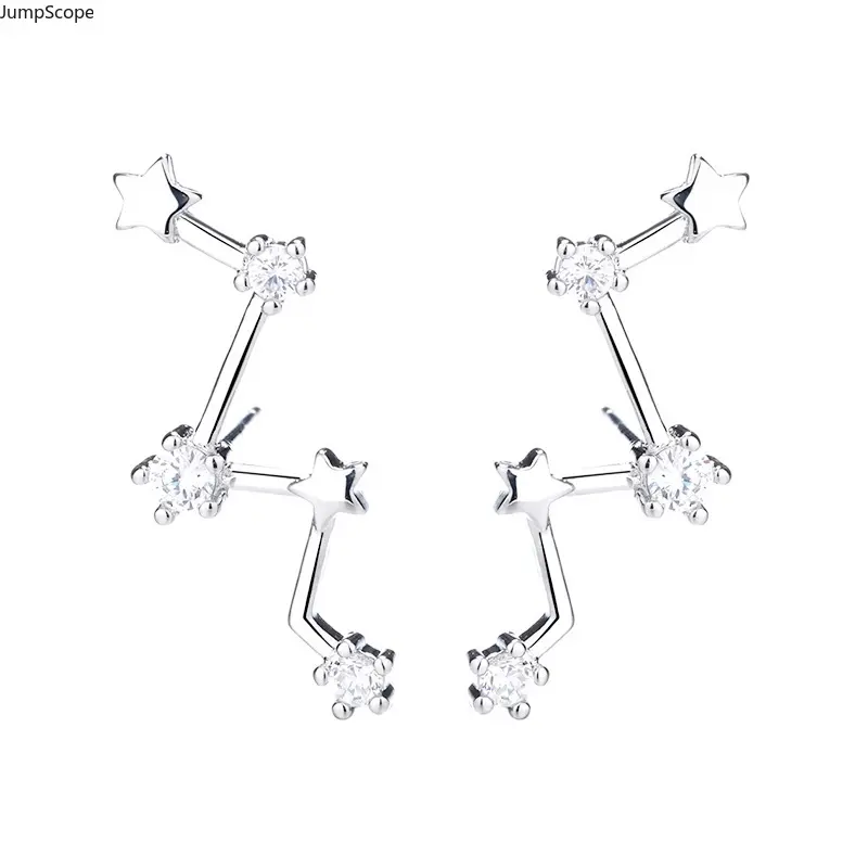 Women's Geometric Star Climber Earrings - Korean Dongdaemun Sparkling CZ Crystal Curved Crawler, Stud Fit, Bold Look, Daily Wear, Silver Stackable Statement Ear Jewelry for Party, Cross-Border Accessories