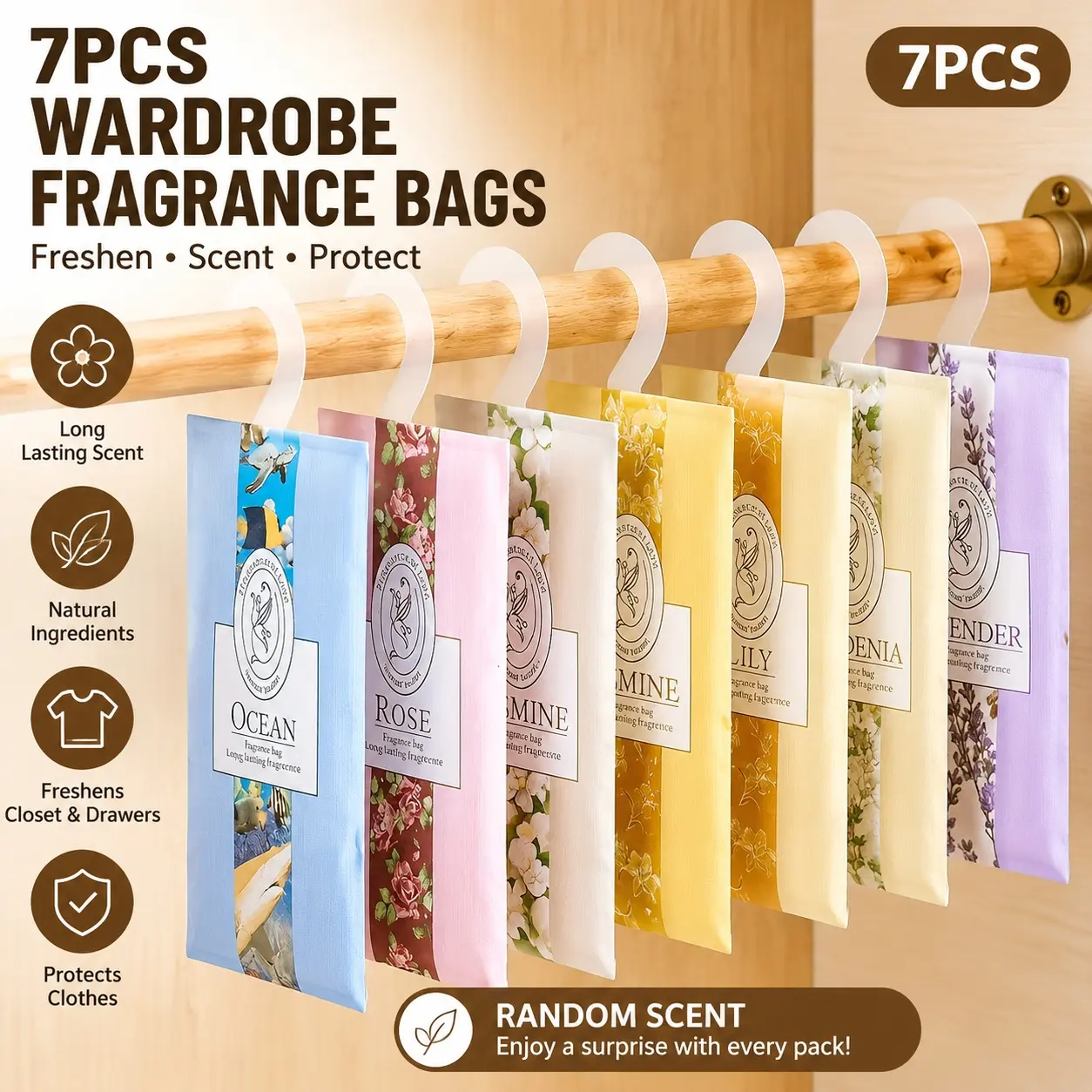 7 Pack Scented Sachet Bags, Hanging Closet Deodorizer for Wardrobe, Drawers, Luggage & Home Freshening