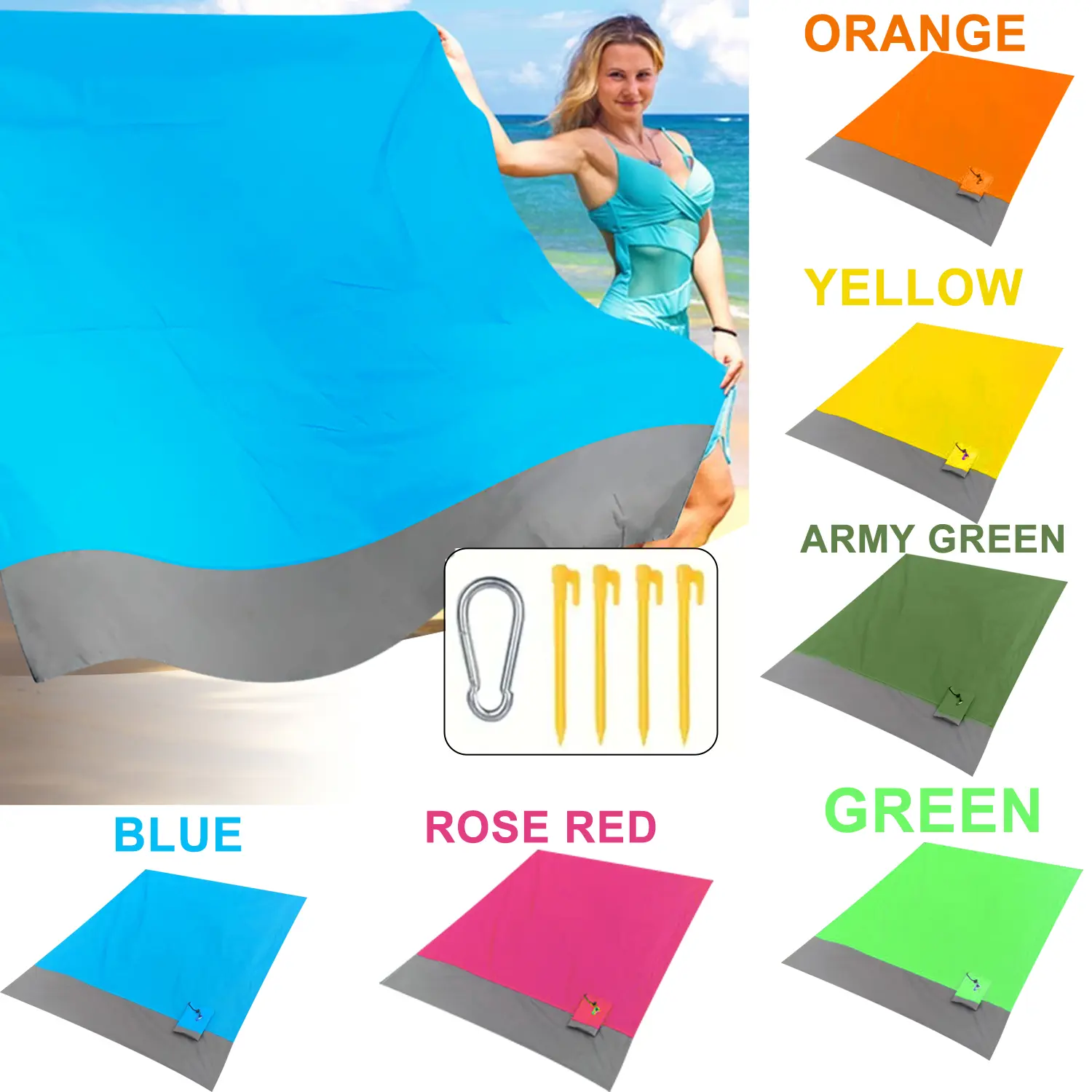 Nylon 210T Waterproof Beach Blanket Mat - Portable, Lightweight, Sandproof, Quick Dry, Foldable with 4 Corner Anchors, Family Fit Multi-Person Picnic Mat for Camping Hiking Travel Essentials (1 Count)