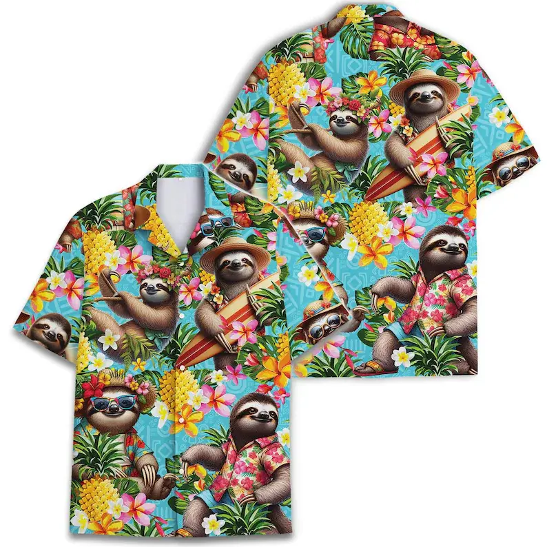 Pineapple Sloth Funny Tropical Hawaiian Shirt Aloha Summer Button Down Short Sleeve Casual Shirt