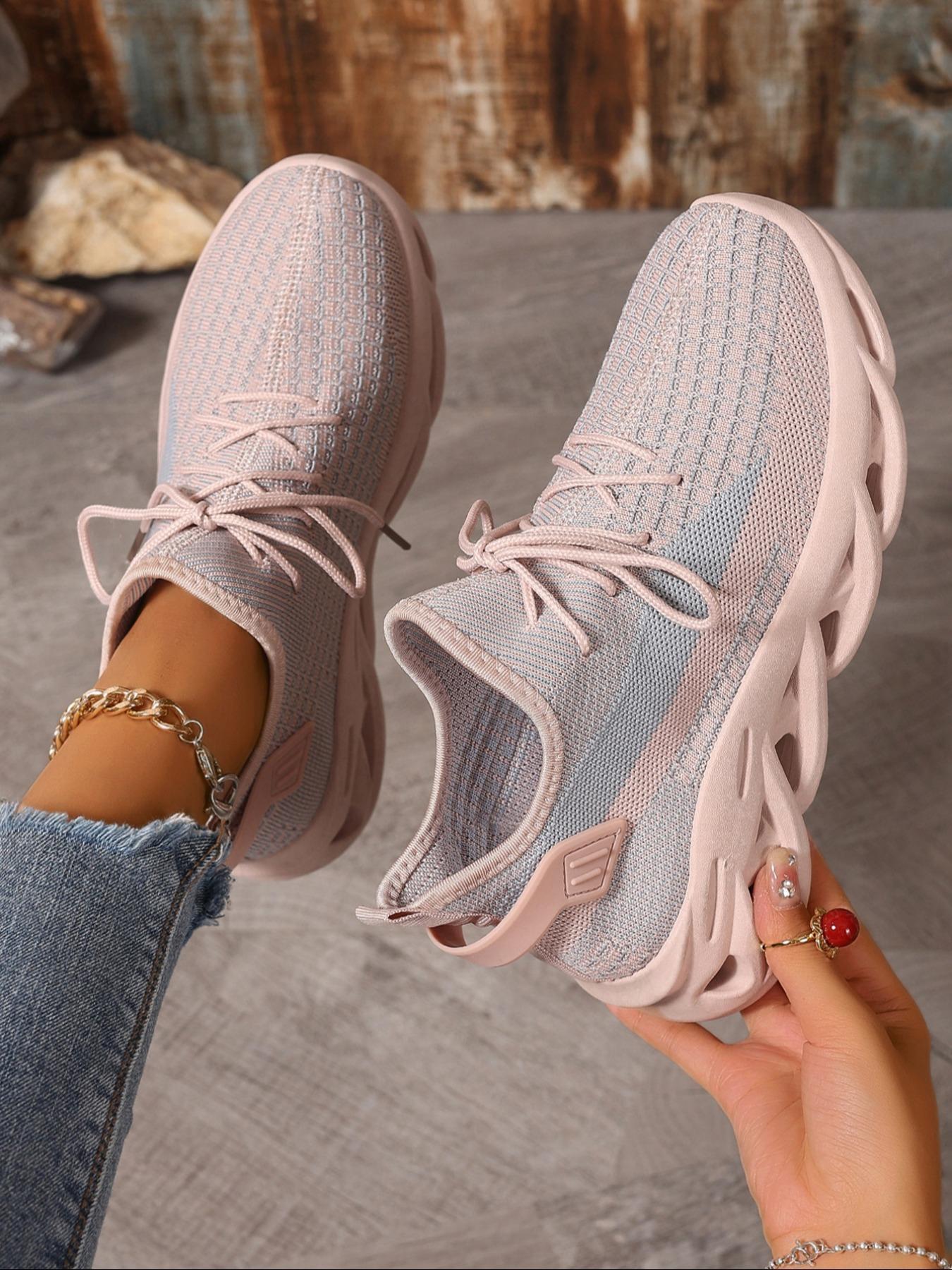 Women's Fashion Lace Up Low Top Blade Soles Sneakers, Casual Breathable Comfortable Sports Knitted Running Shoes, All-match Round Toe Chunky Sneakers for Daily Wear, Casual Running Footwear