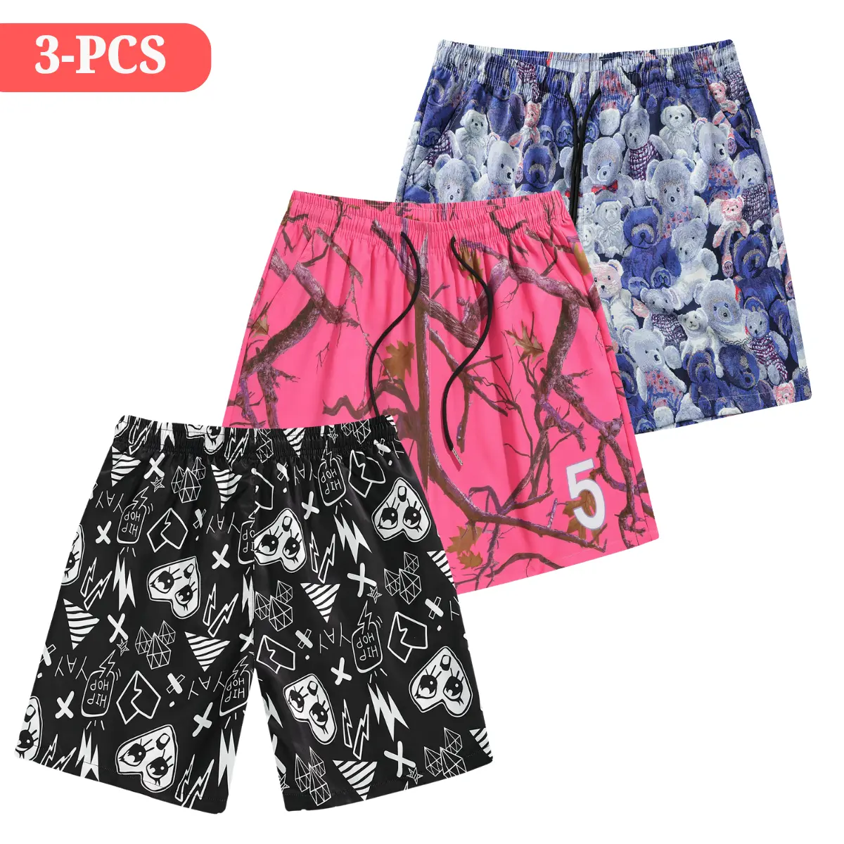 3 PCS Men's new trendy printed side-pocket drawstring waistband sports shorts, quick-drying drawstring summer fitness running sports shorts, men's comfortable sports shorts, sports casual wear, sports shorts, regular fit shorts,Swimming Trunks