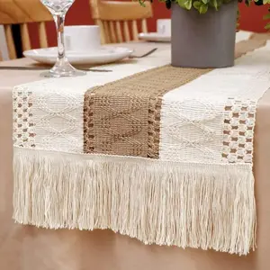 Boho Macrame Table Runner 108 Inches, Rustic Hand-Woven Cotton Linen with Tassels and Hollow Stripes, Natural Soft Fabric for Wedding Decor