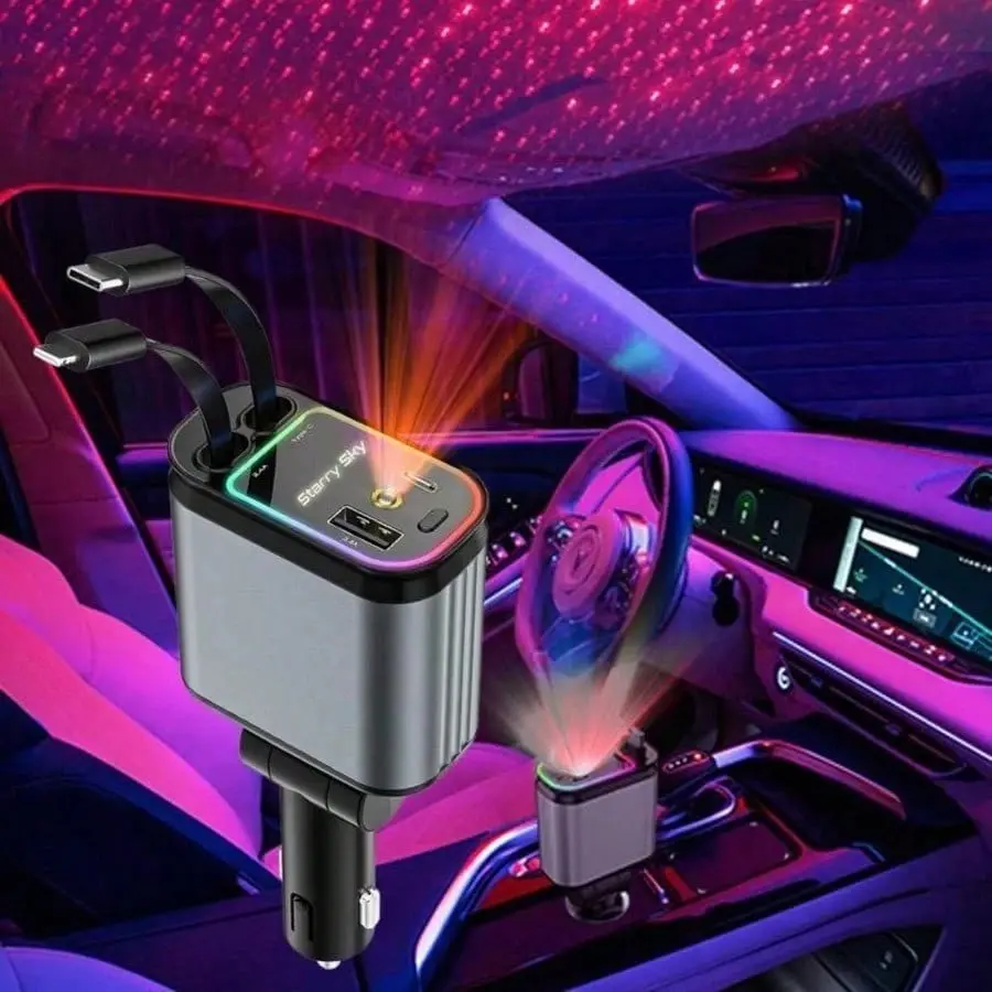 W&O Car Phone Charger Charging Accessory with 7 Color Ambiance Light, Starry Sky Projector, 4-In-1 Fast Charging, Dual Ports, Type C Charge, Compatible with Multiple Devices