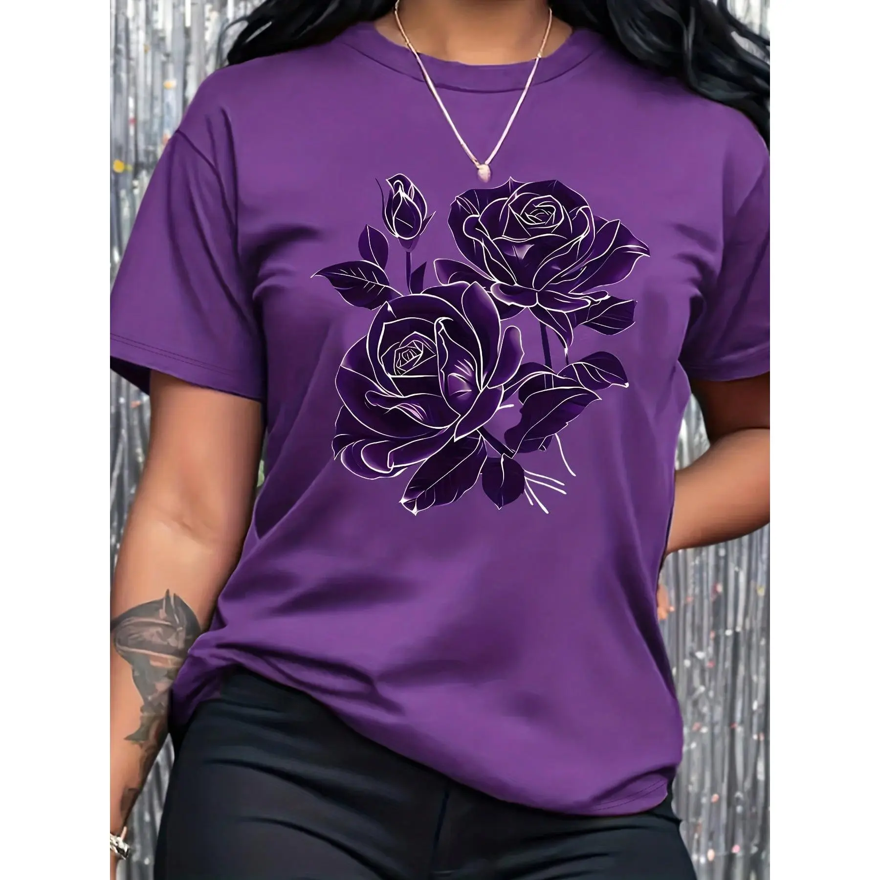 Women Round Neck Short Sleeve Tee Purple Rose Butterfly Floral Print Lightweight Polyester Casual Summer Top Machine Washable