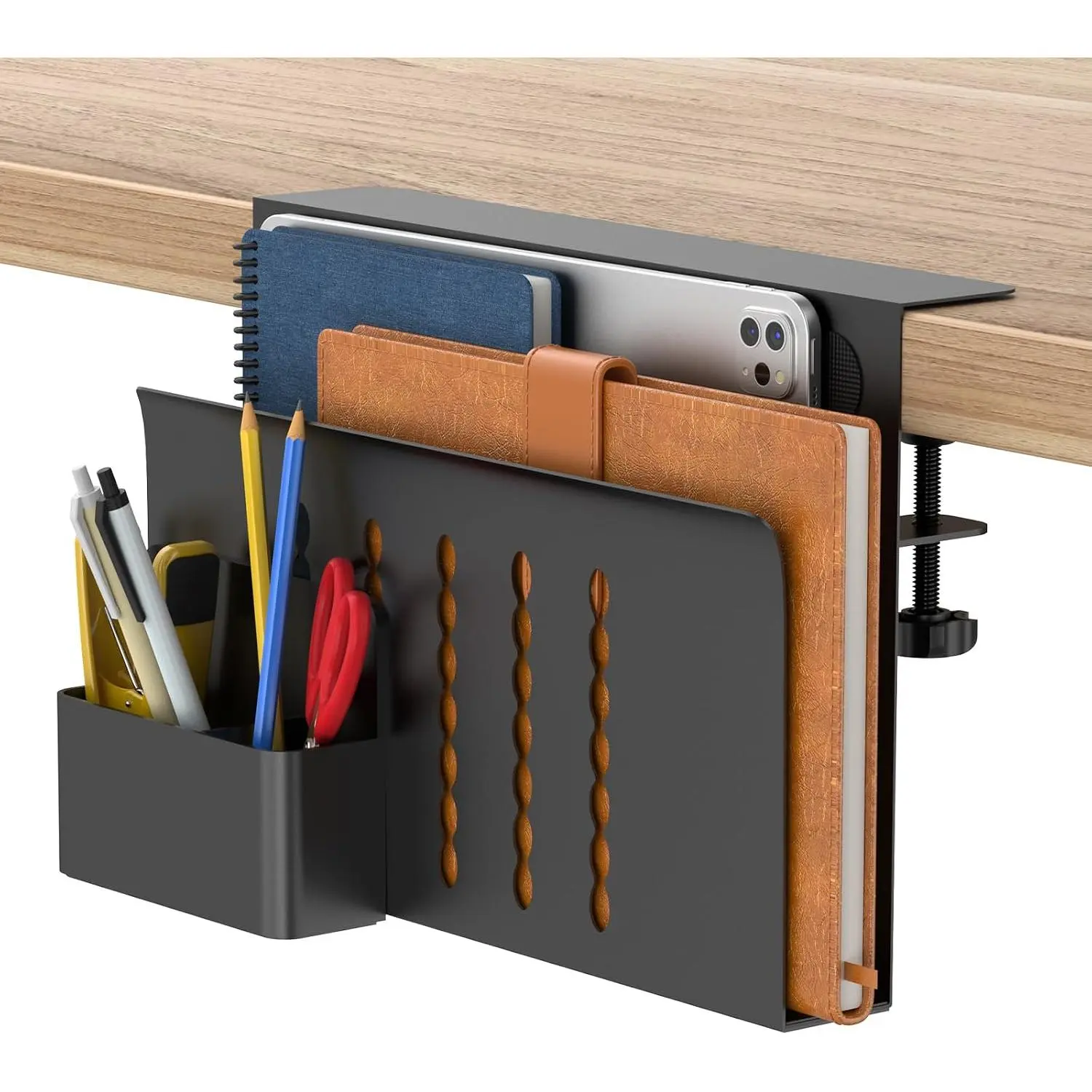 Desk Side Storage, Single-Layer Steel  Desk Organizer with  Pen Holder, No Drilling Desk Drawer  Management Tray, Under Table Laptop Holder for Office, School&(Black)