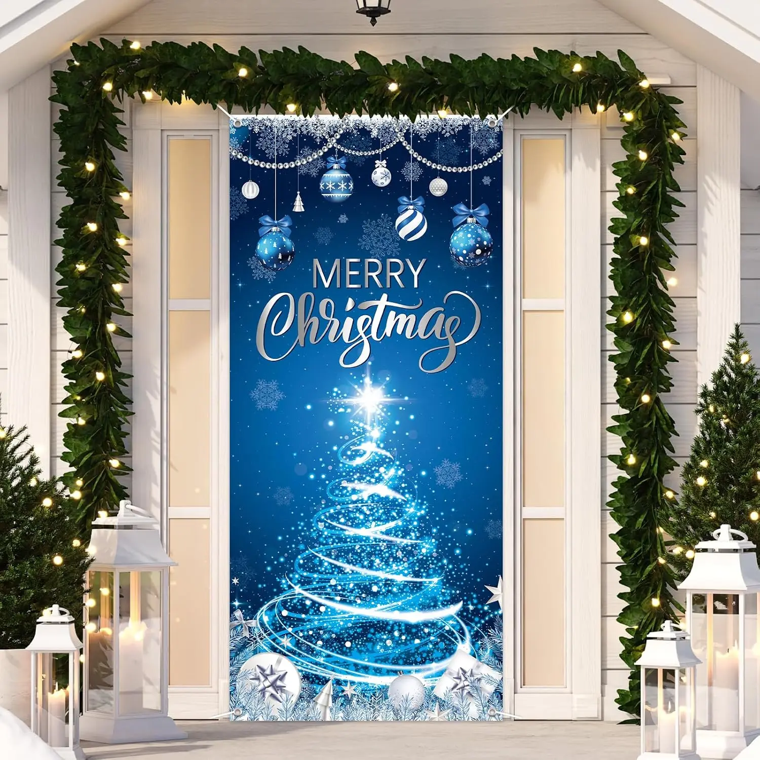 Blue Christmas Door Cover Decoration Merry Christmas Trees Ball Snowflake Door Banner Xmas  Porch Backdrop Winter Holiday Window Cover Door Wall Decor for  Year Front Door