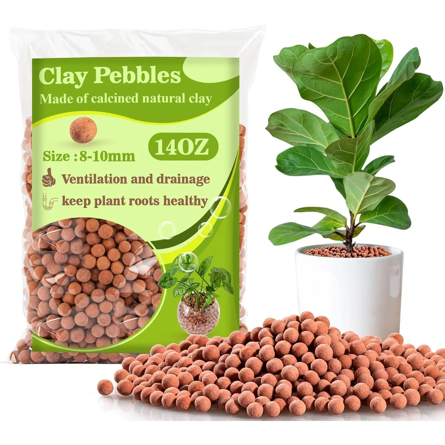 Natural Clay Fired Balls - 8-10mm Uniform Round Drainage Rocks, 14oz Moisture Control Gardening Essentials for Indoor Pots, Hydroponics