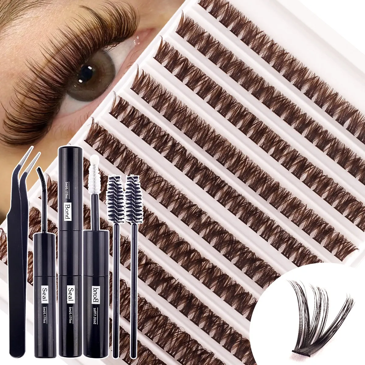 200PCS D Curl Brown DIY Lash Clusters Kit, DIY Lash Set, 60D 8-16mm Mixed Length 0.07mm Thin Band Individual Eyelash Extensions, with Glue Tweezers & 2 Brushes, Soft Natural Beginner Friendly Portable for Daily Party Cosplay Makeup