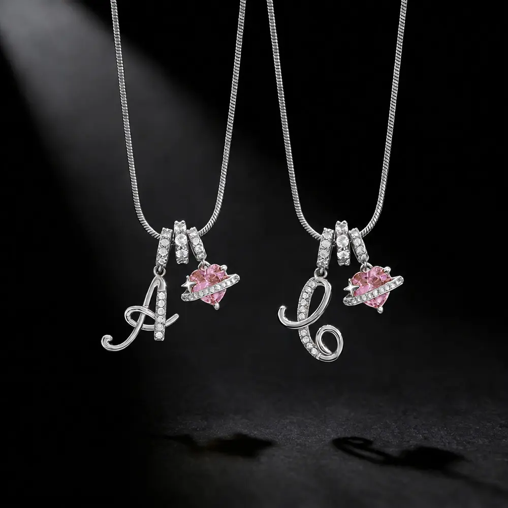 Trendy Silver Plated A-Z Letter Pendant Necklaces Dainty Monogram Name Necklace Personalized A-Z Initial Pink Heart Cubic Zirconia Pendant Necklaces Birthday Anniversary Jewelry Gift