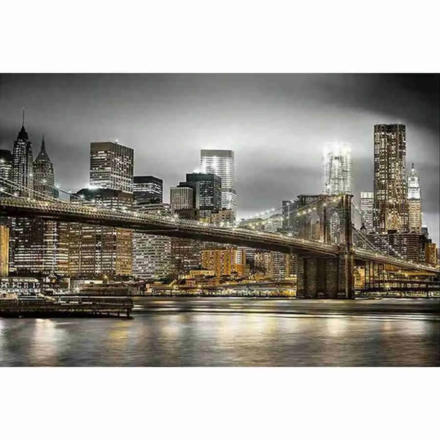 5D DIY Diamond Painting Kit New York Brooklyn Bridge City Night View Urban Landscape Art Full Round & Square Drill Rhinestone Mosaic Cross Stitch Handmade Wall Art Home Decor Gift