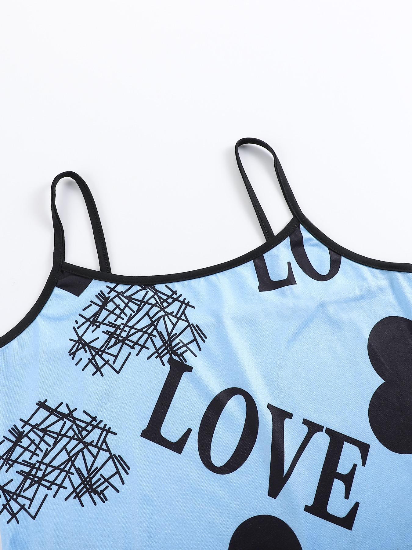 2 Pieces/ 6 Pieces  Women's Heart & Letter Print Lettuce Trim Pyjama Set, Casual Spaghetti Strap Cami Top & Bow Decor Shorts, Summer Sleepwear Loungewear Set for Women