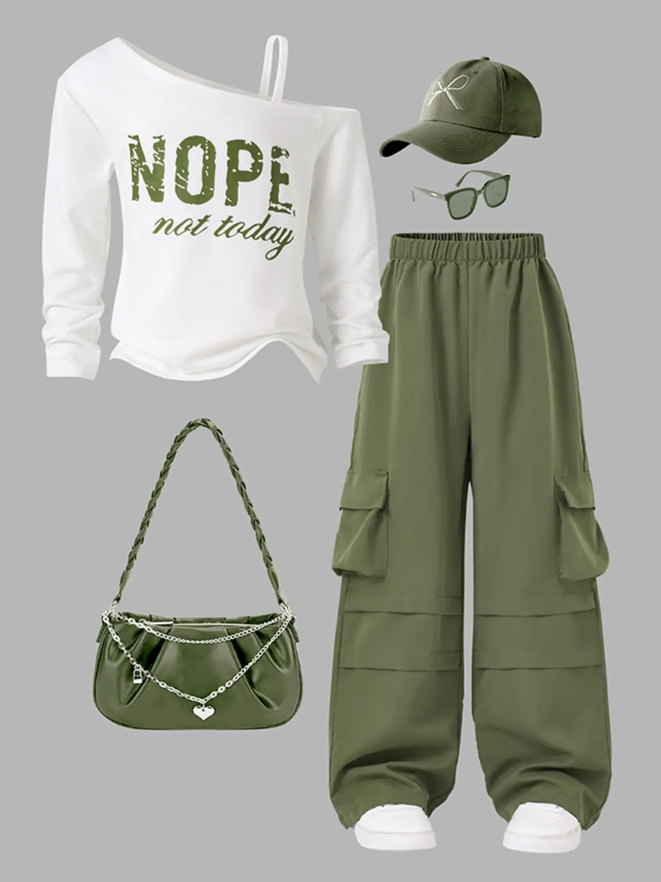 8-12Y Teen Girls Y2K Sweet Cool 2-Piece Outfit, Fake Two-Piece Off Shoulder Strap Long Sleeve Tee, NOPE Distressed Crack Letter Print, Army Green Multi-Pocket Cargo Wide Leg Pants, Spring Autumn Casual Matching Set