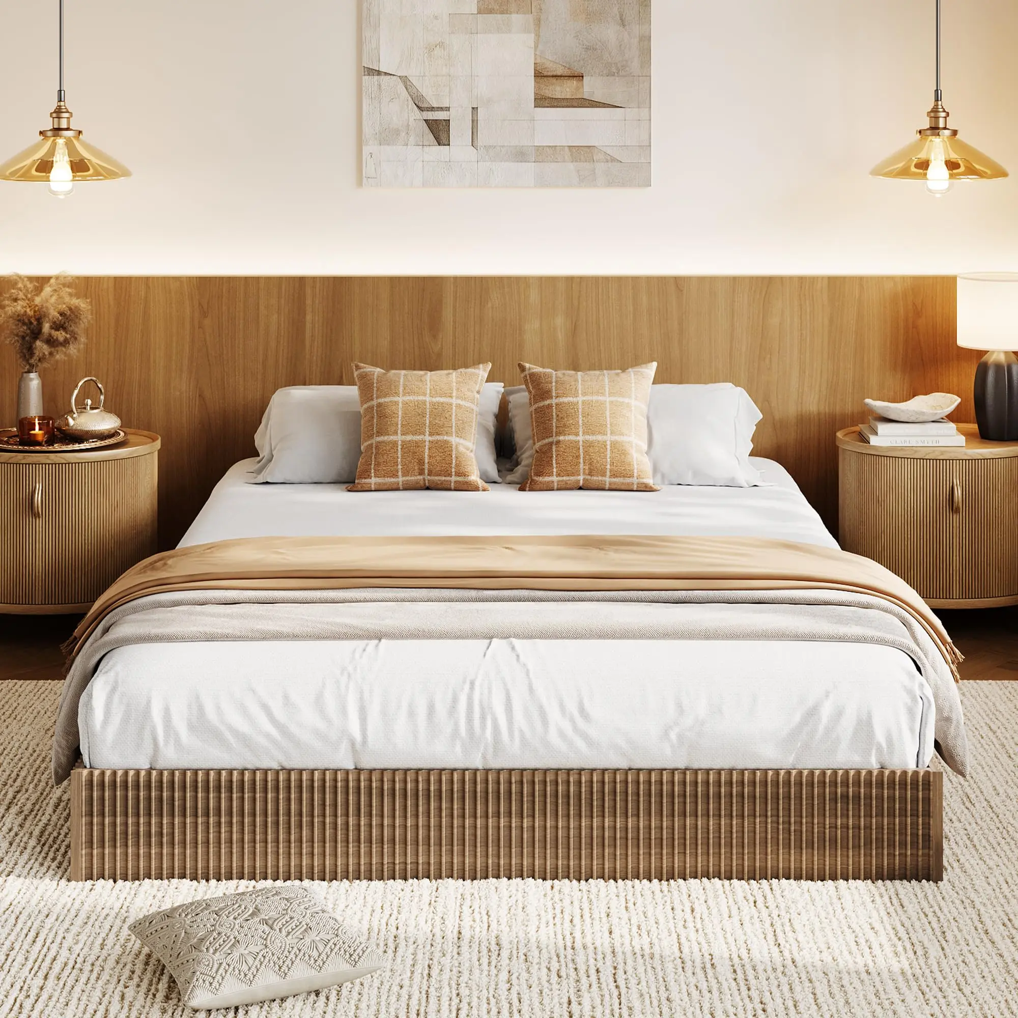Garvee Fluted Bed Frame in Cream - Minimalist Wood Platform Bed with Low Profile Design, Noise-Free Construction, Easy Assembly, and No Box Spring Required for a Sleek Bedroom Look