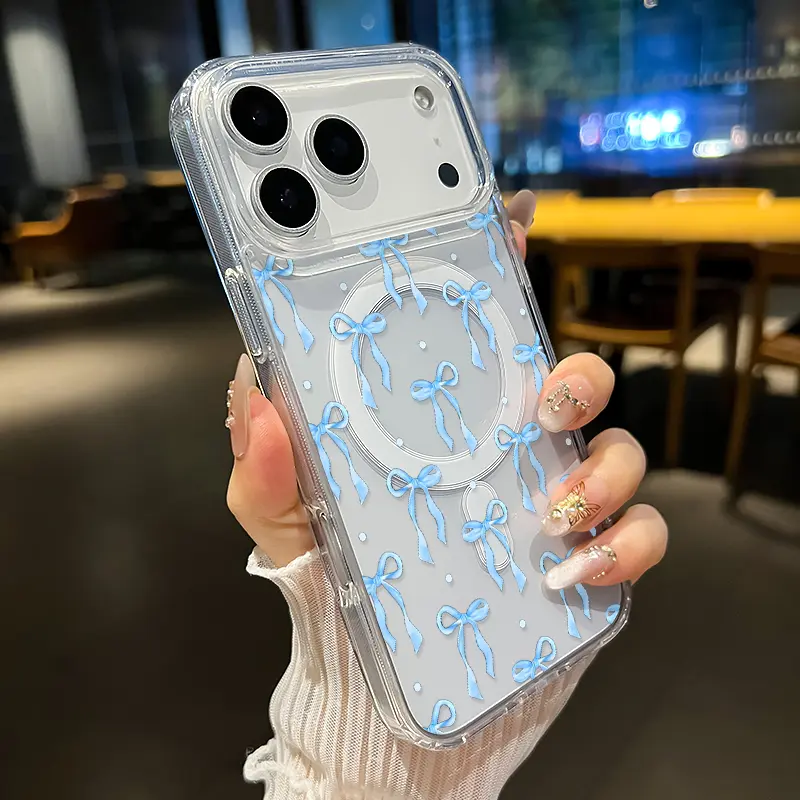 Compatible with iPhone 17 16  Pro Max Plus 15 14 13 12 11 Air E Magnetic Case Blue Bow Symphony Patterned Acrylic Back Silicone Edges Four Corner Anti Fall Airbag Phone Cover