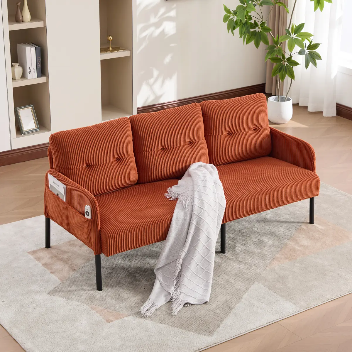 3-Seater Corduroy Cloud Lounge Couch - Anti-Pilling, Fade-Resistant, Plywood Frame, High Rebound Spring & Foam, 500LBS Capacity, Dual Side Storage Pockets, Ergonomic Curved Indoor Sofa for Small Apartment, Living Room