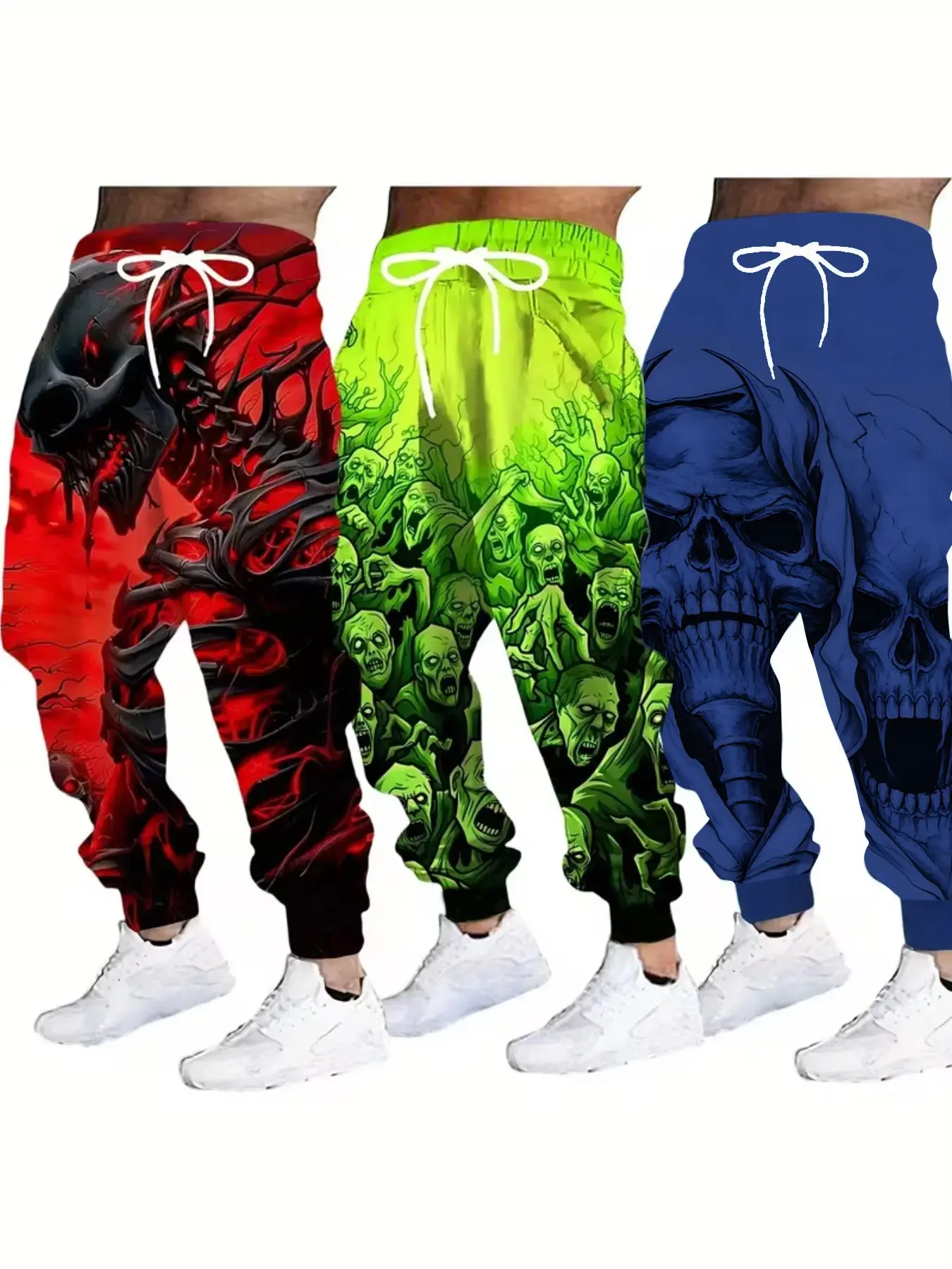 3-Piece Set Horror Skull Zombie Print Drawstring Loose Fit Sports Casual Long Pants for Men, Trendy and Comfortable, Drawstring Waist Sweatpants
