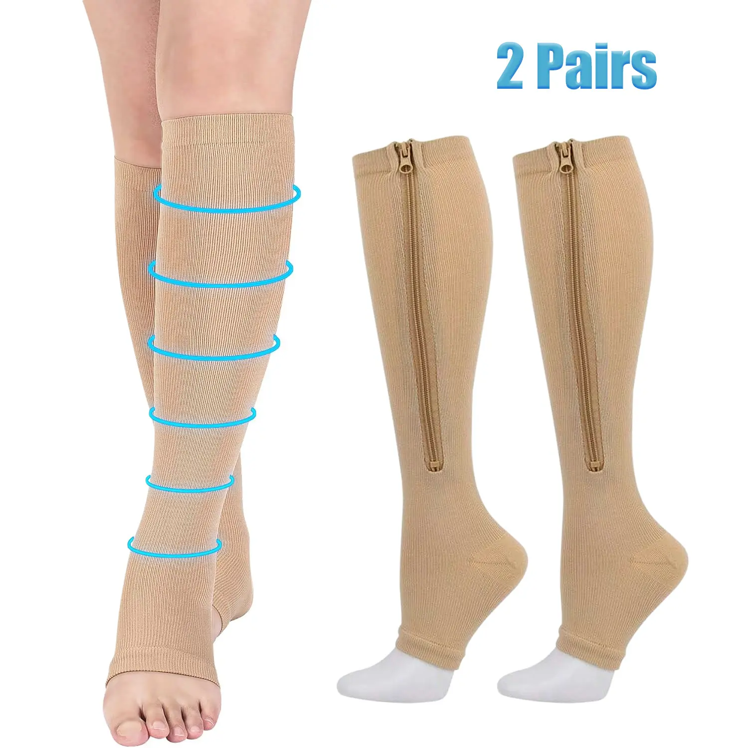 15-20mmHg Open Toe Knee-High Sports Compression Socks for Men & Women, 2 Pairs Sports Tight Socks for Walking & Blood Circulation Support backtoschool, Compression Stockings, Male, Calf Knee-High, High Support Sports Socks