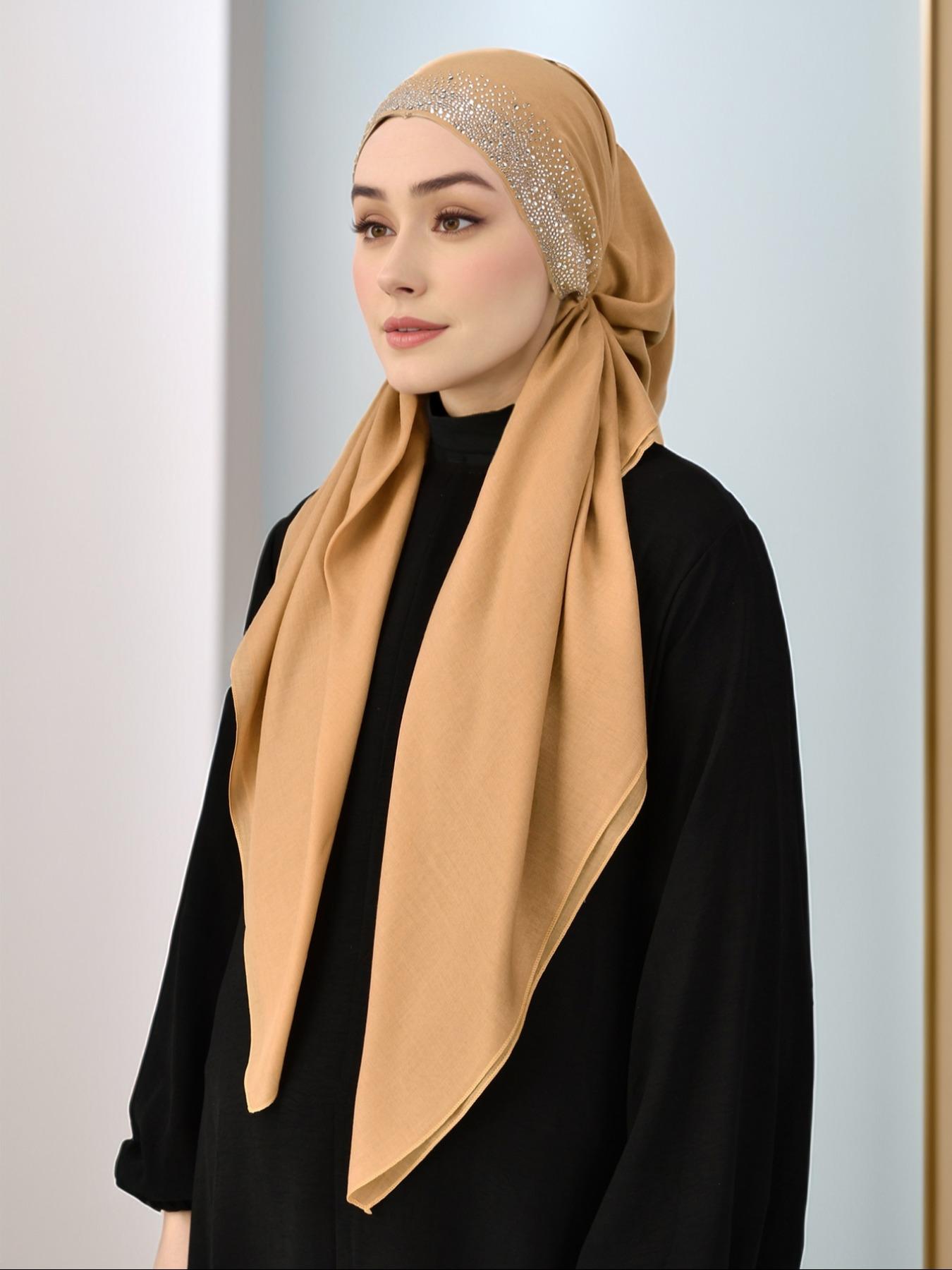 Women's Solid Color Rhinestone Decor Instant Hijab, Modest Fashion Breathable Hijab for Daily Wear, Women's Islamic Accessory for All Seasons, Turban Style Hijab