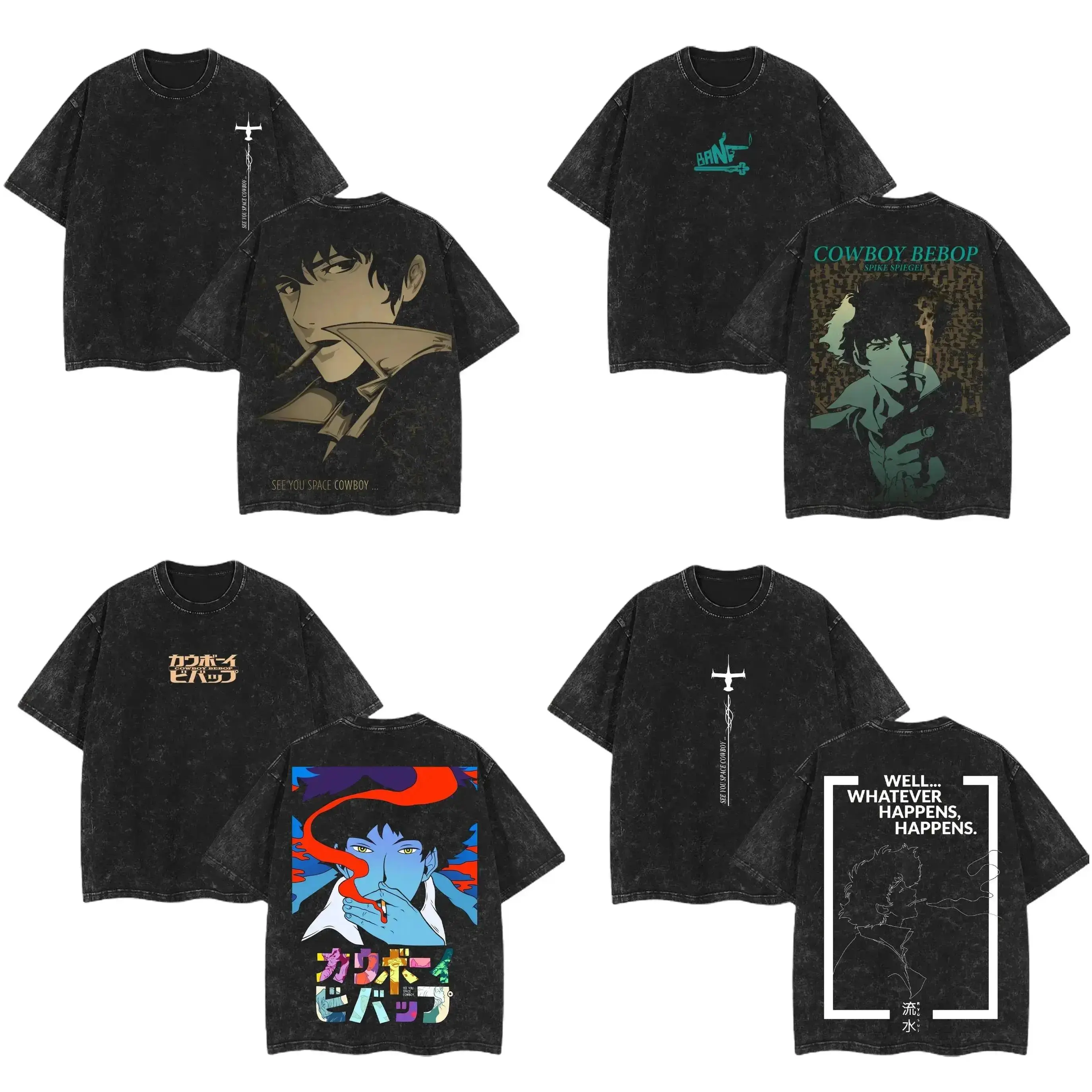 [100%cotton]Vintage Cowboy Bebop Anime Double Printed Vintage Washed Tee Unisex Oversize Anime Manga Washed Heavyweight Cotton T-Shirt Gift for Anime Fan Anime Lover funny