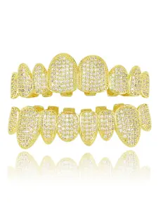 Teeth grills rapper hip-hop braces, vampire fangs, eight tooth gold braces, real gold electroplated irregular teeth, GRILLZ zircon sparkling party, holiday gift decoration