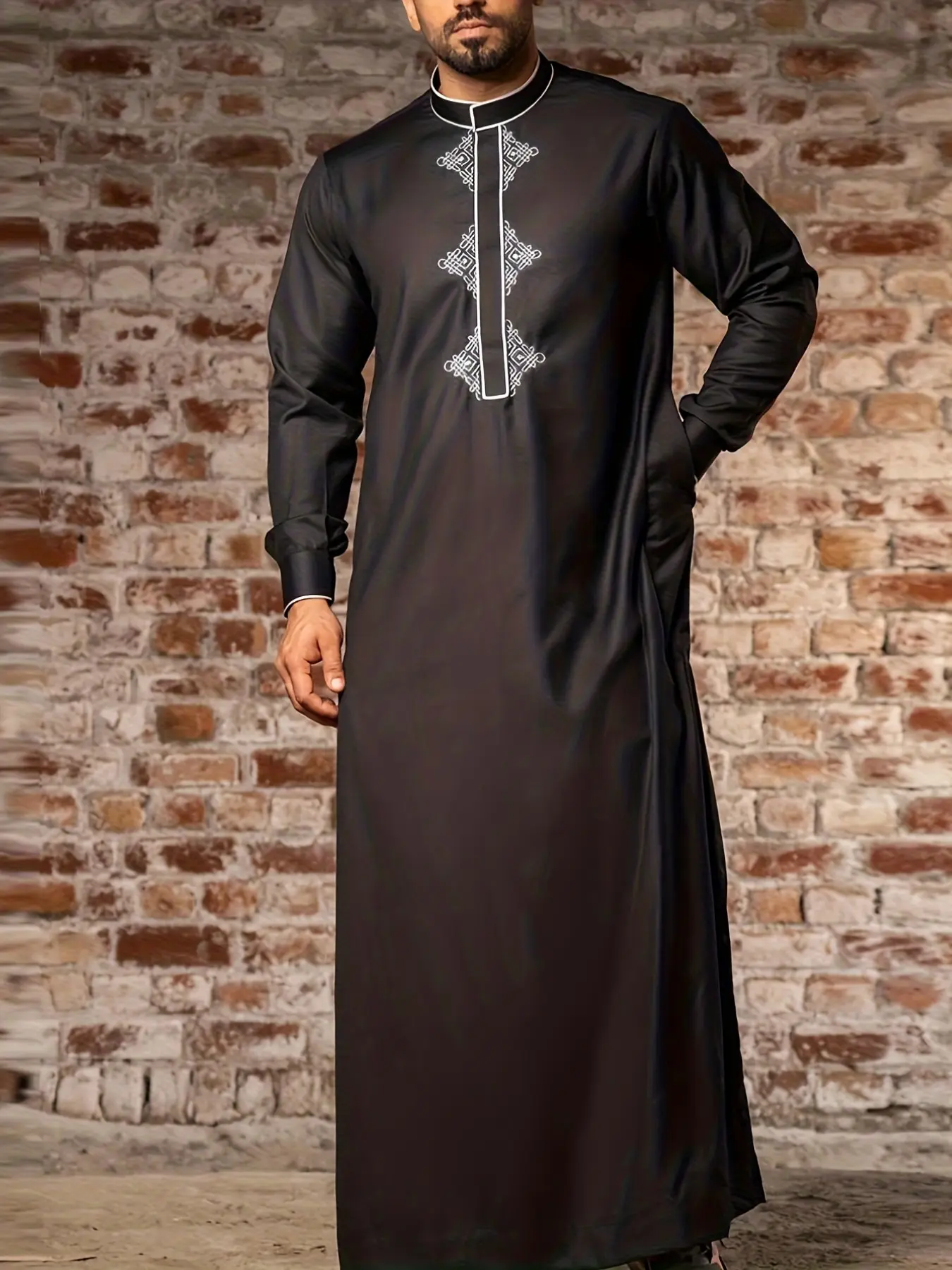 Men's Middle Eastern Traditional Robe, with Embroidery, Long Sleeve Stand Collar, Pocketed, Casual Muslim Arab Style, Eid Al-Fitr & Eid Al-Adha, Arabic Thobe