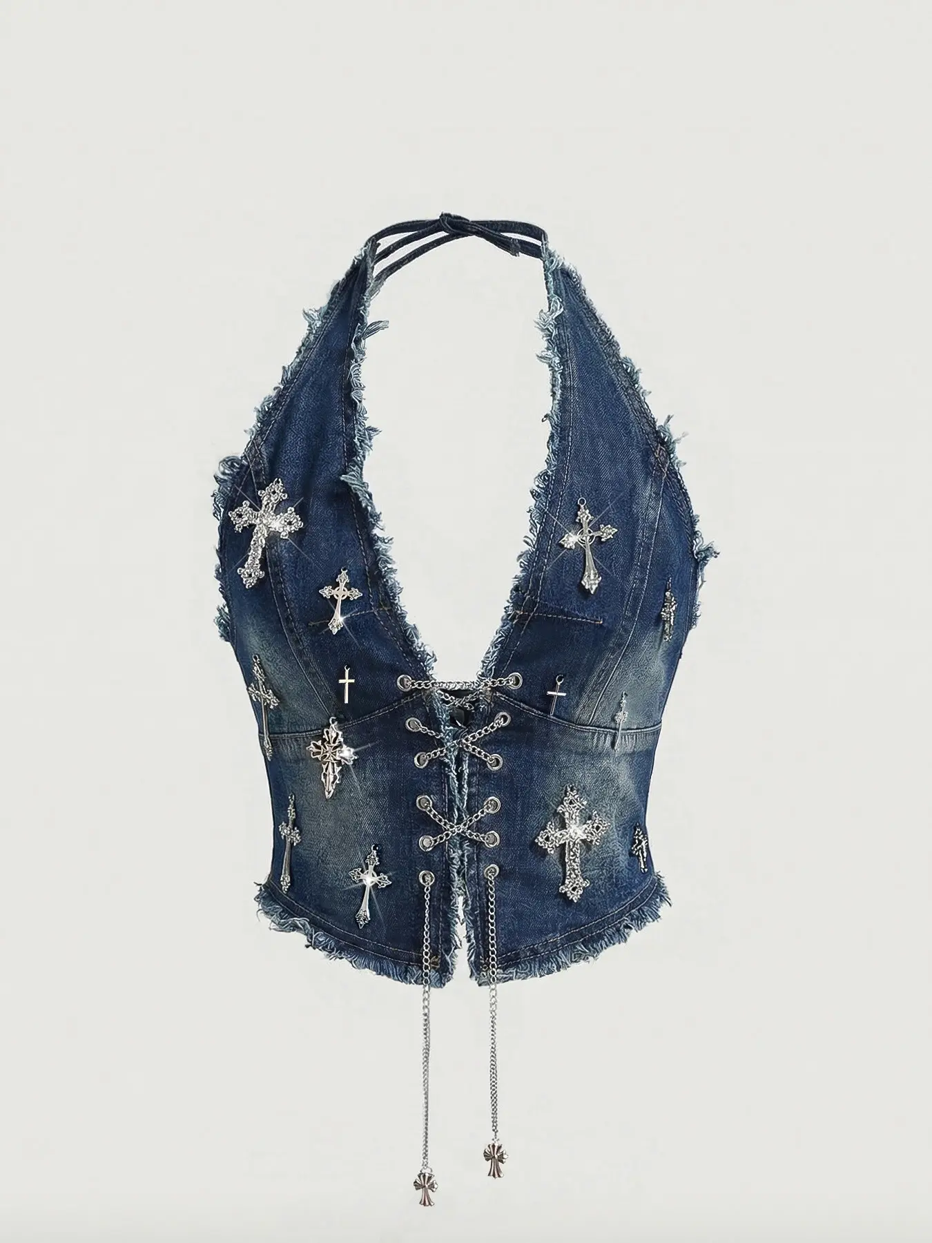Women's Y2K Metal Cross Pendant Washed Vintage Slim Fit Denim Backless Sleeveless Cami Tank Top, Goth Style Retro Design for Casual Wear
