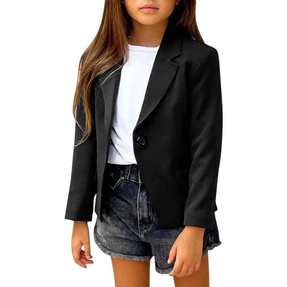 Girls' Solid Color Lapel Button-Down Long-Sleeve Blazer Jacket, Casual Comfortable Breathable Fabric School Suit Coat