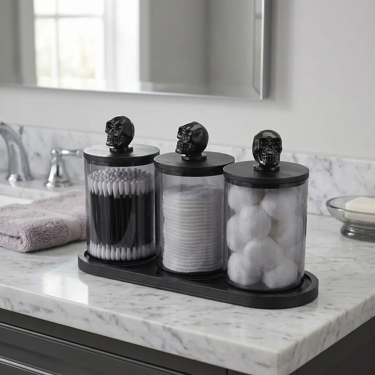 3 Pcs Qtip Holder Bathroom Organizers and Storage Box Cotton Swab Holder with Tray Halloween Decorative Jars for Cotton Balls and Dental Floss, Apothecary Jars with Lids