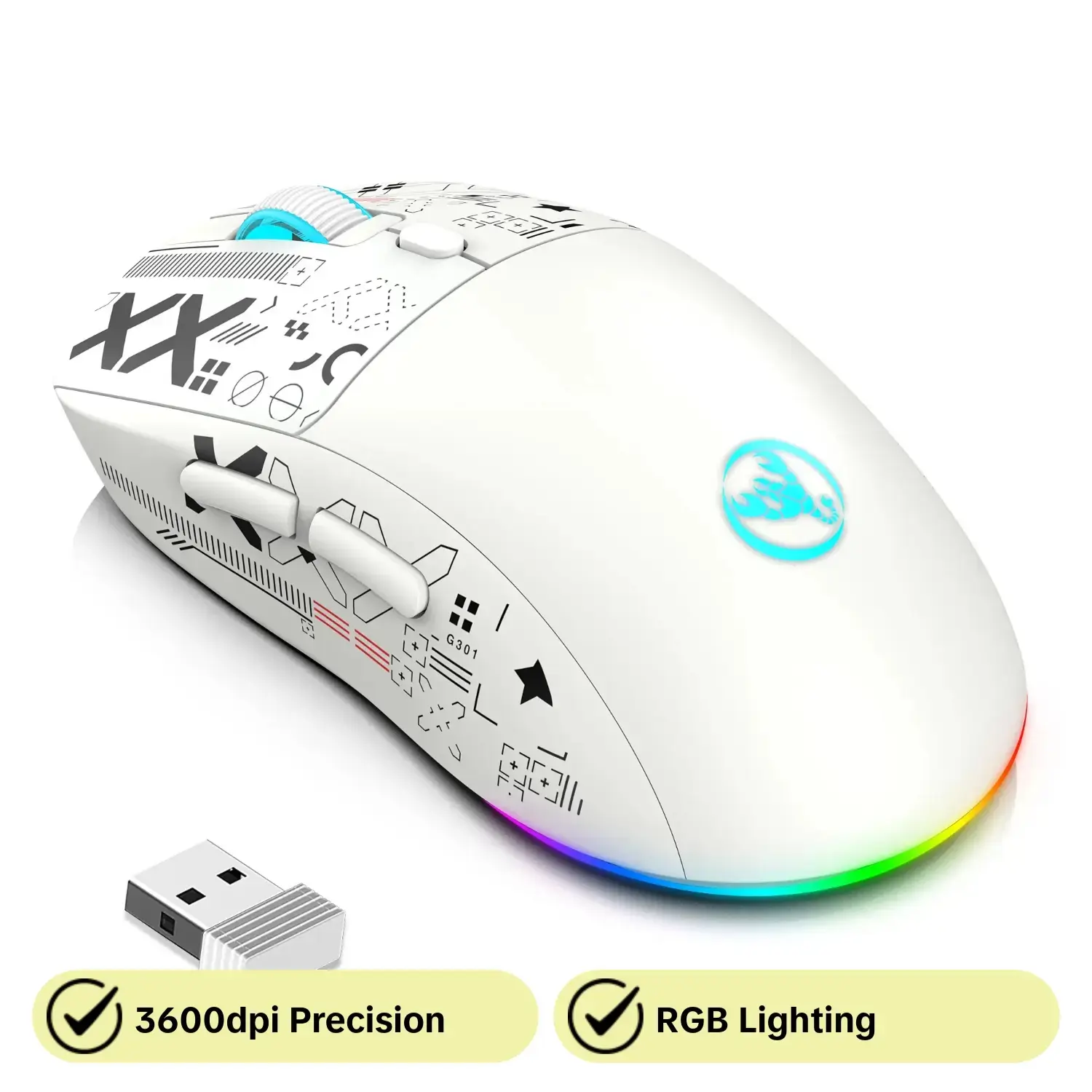 HXSJ Wireless Gaming Mouse, RGB Lighting Mouse, PAW3212 PIX Professional IC Positioning Accuracy Max 3600dpi Ergonomic Rechargeable 2.4G Wireless Mouse