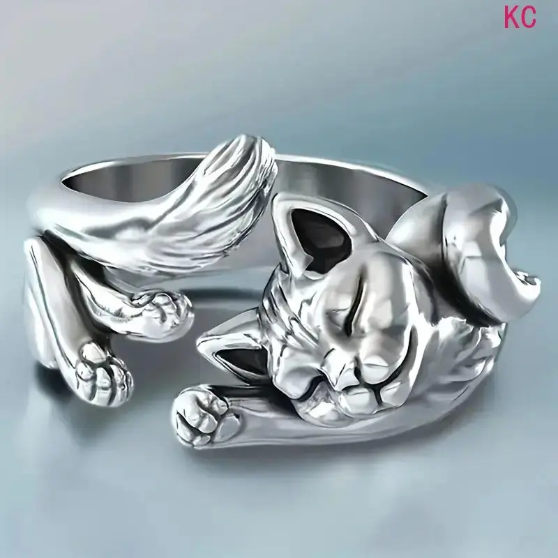Adjustable Open Sterling Silver Cat Ring, Vintage Cute Animal Style Statement Jewelry For Women Daily Party And Banquet Matching
