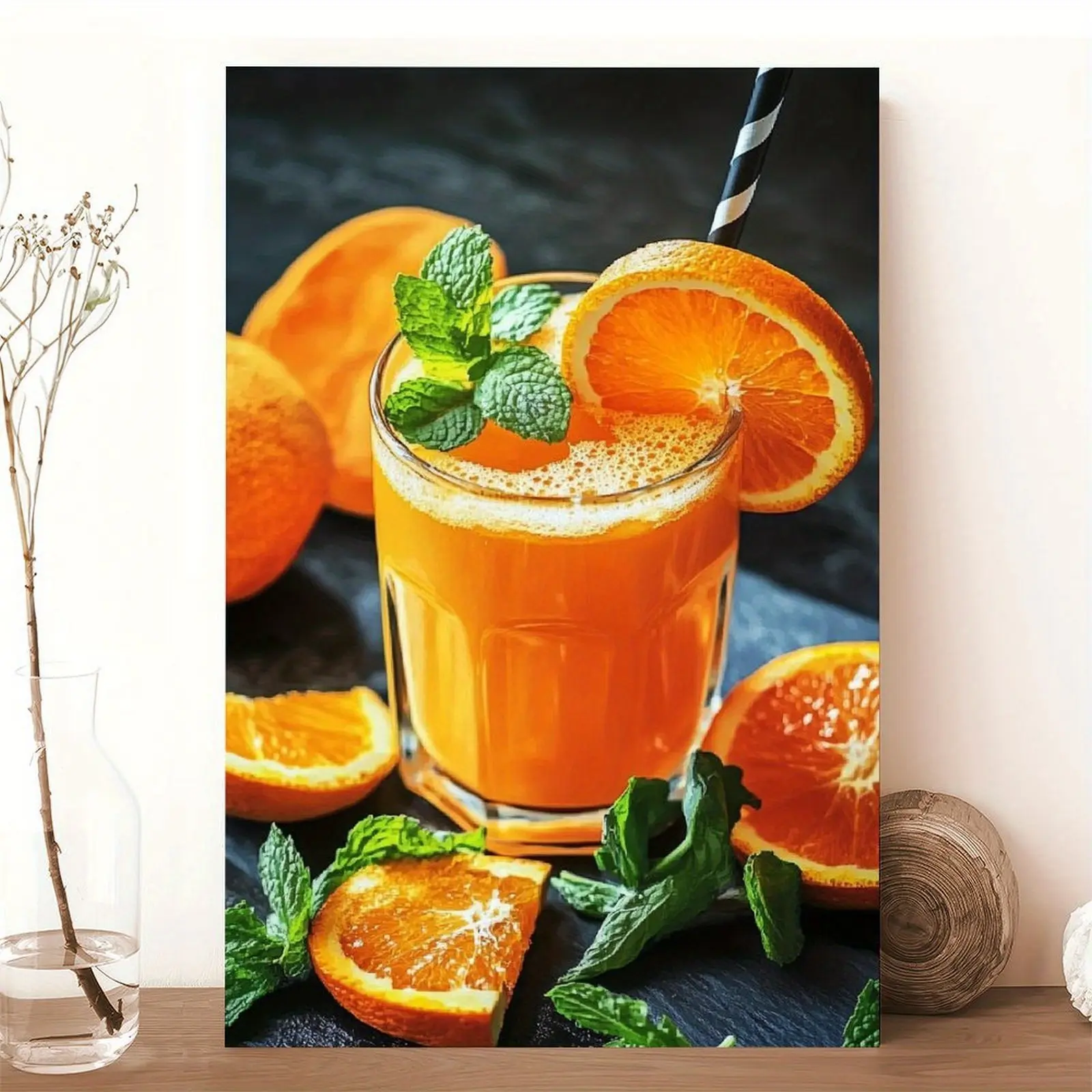 1 piece wooden framed canvas wall art - vibrant orange juice and citrus fruit painting, modern classic vertical kitchen and dining room decor, warm orange tones with green leaf accents - perfect gift for housewarming, birthdays, Christmas, Easter, suitabl