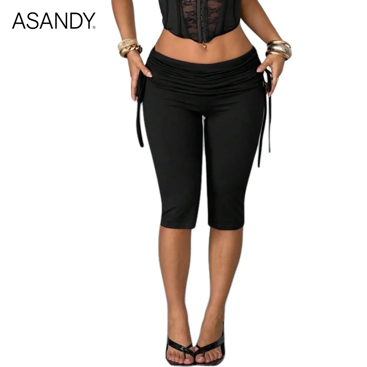 ASANDY Women's Low Waist Ruched Side Drawstring Capri Pants 4-Way Stretch Bodycon Slim Fit Y2K Trousers Versatile Style Perfect For Streetwear Party Club & Daily Outfits