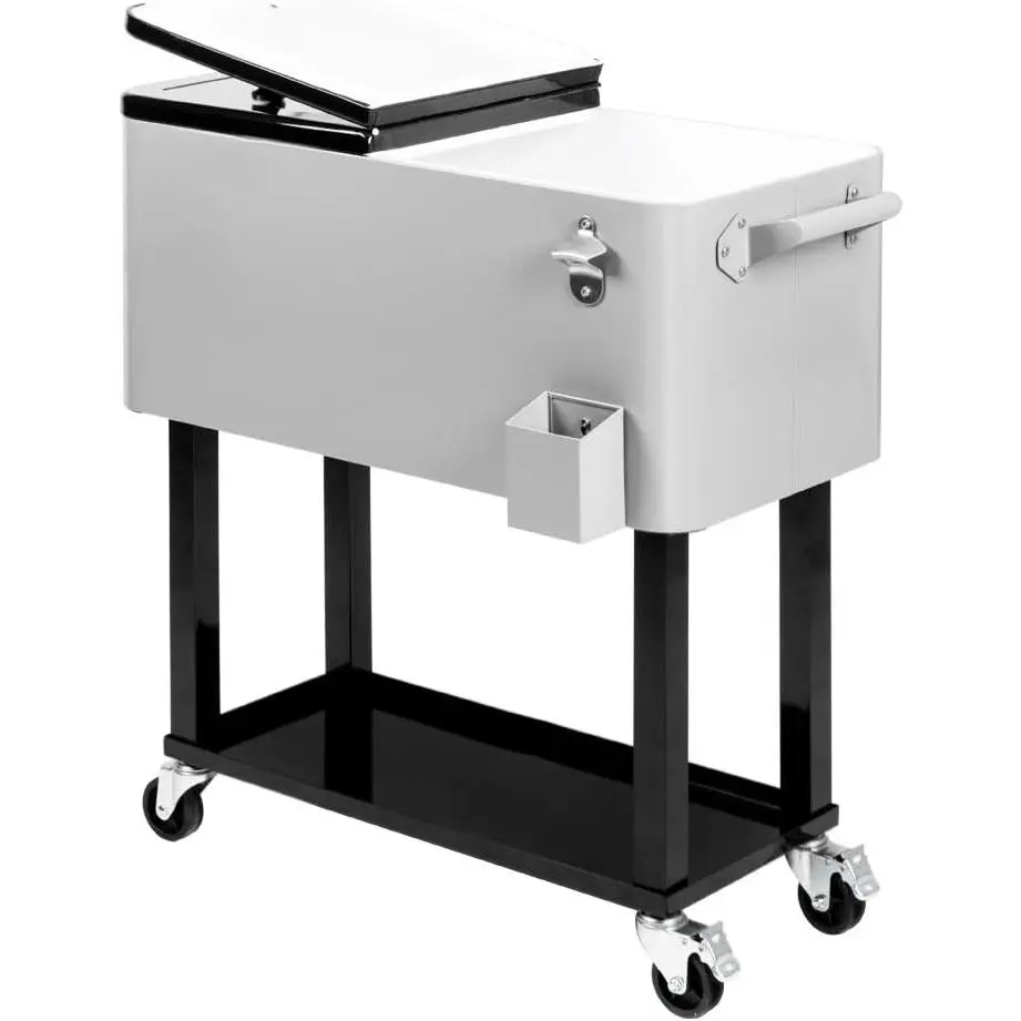 Portable Rolling Aluminum Ice Chest - 80 Qt Functional Camp Kitchen Barbecue Gear, Patio Party Drink Cooler Cart with Shelf and Bottle Opener, 80 Quart Size