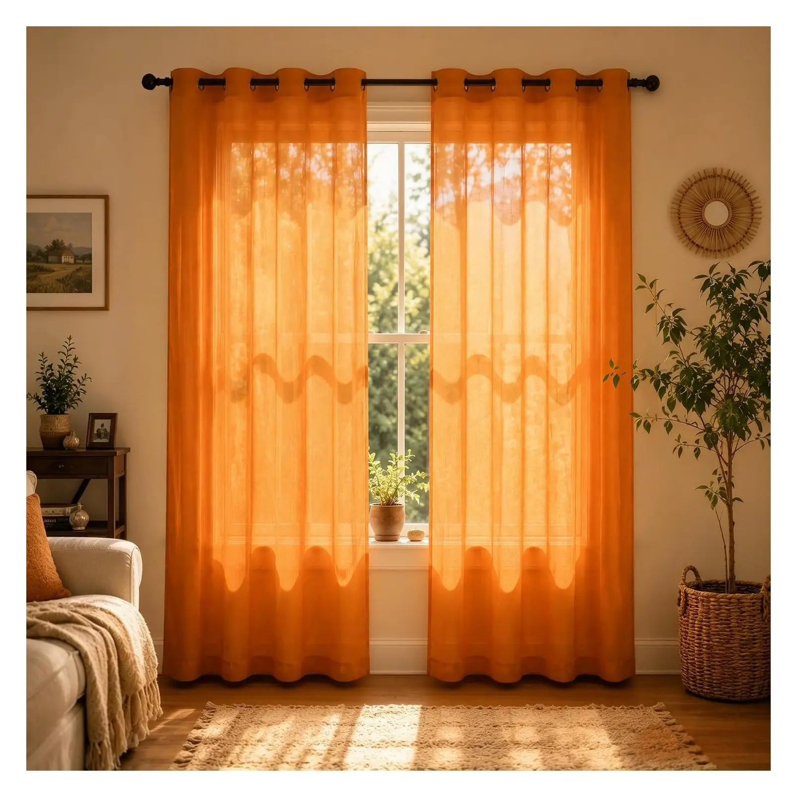 Orange Boho Fall Curtains for Living Room Bedroom, Autumn Harvest Decor Retro Tangerine Mid Century Modern Grommet Voile Sheer Drapes, Bold Eclectic Window Panels 84 Inches Long, 2 PanelsGift