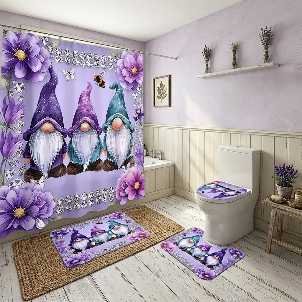 4pcs Purple Floral Gnome Diamond Bee Butterfly Bathroom Shower Curtain Set, Lilac Background Tulip Peony Botanical Art Bath Mat & Toilet Seat Cover Combo, The floor mat fabric is thicker and softer! Soft Spring Easter Cottage Decor for Shower Room