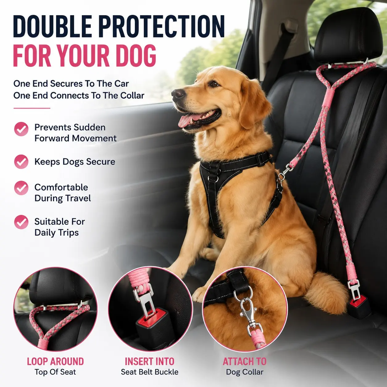 Pet Car Safety Belt Thick Dual Hook Fixing Device, Adjustable Dog Harness for Dachshund with Buckle, Universal Pet Car Safety Accessory for All Sizes