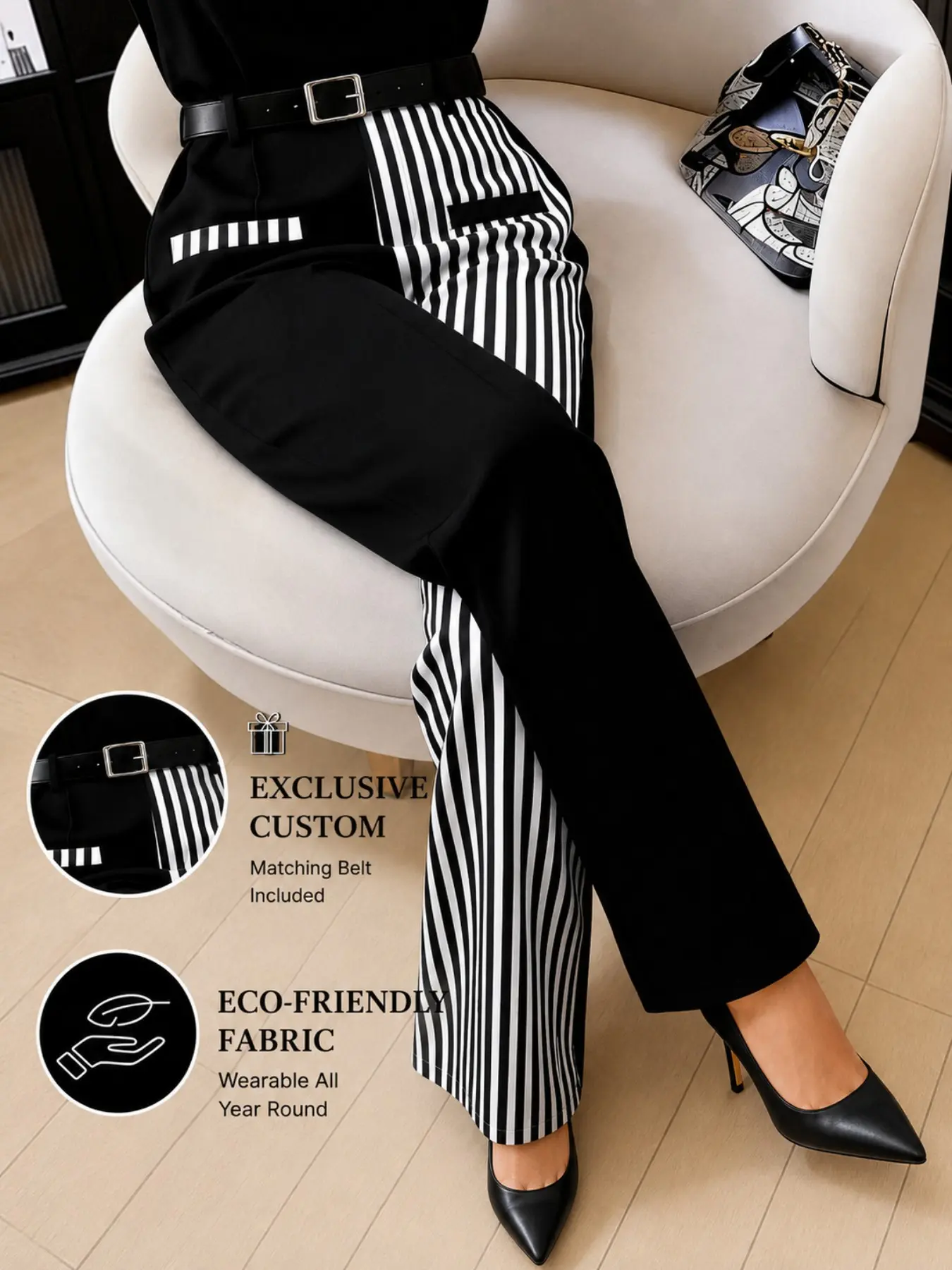Plus Size Women’s Black White Contrast Straight Leg Pants with Belt, Minimalist Elegant Business Casual Trousers for Office, Work and Daily Wear