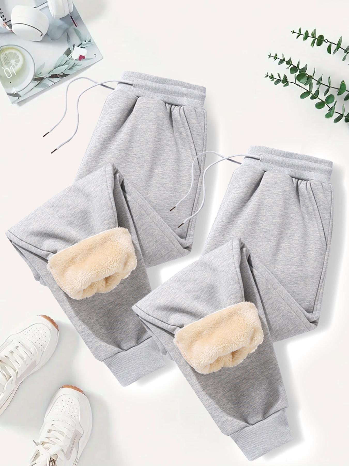 Women's Solid Drawstring Waist Thermal Lined Sweatpants, Casual Pocket Design Jogger Pants for Fall & Winter, Women's for Daily Wear, Casual Sporty Trousers