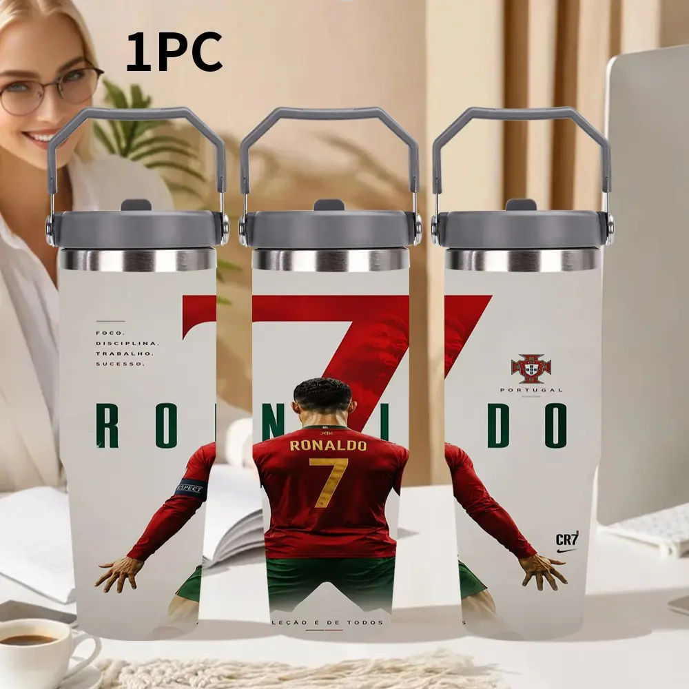 1pc 30oz/20oz Stainless Steel Insulated Water Bottle, Cristiano Ronaldo Pattern Design, Keeps Drinks Hot/Cold for Hours, Spill-Proof Travel Mug, Great Gift for Parents, Relatives, Friends, and Coworkers, ideal gift for friends who love football.