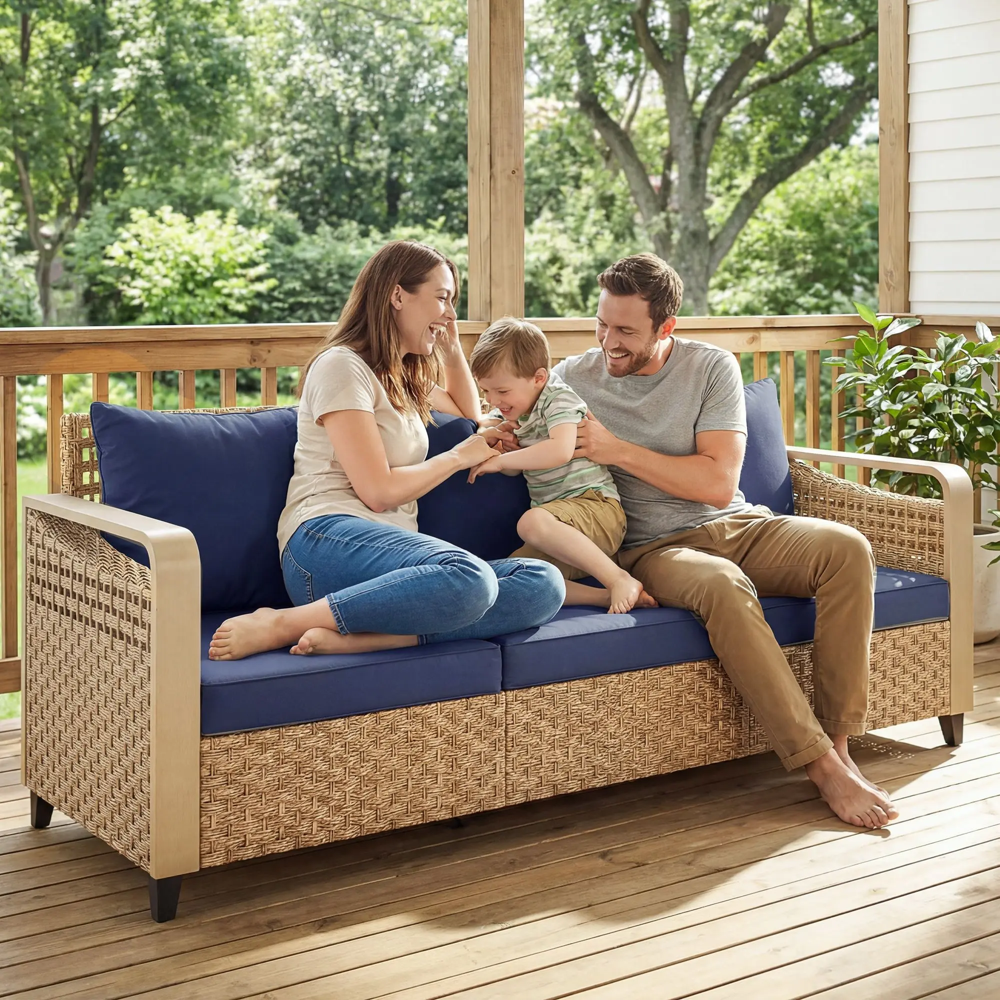 Classic 3-Seater Rattan Wicker Outdoor Sofa - Sturdy Metal Frame, Casual Cushioned Design for Balcony, Garden, Patio