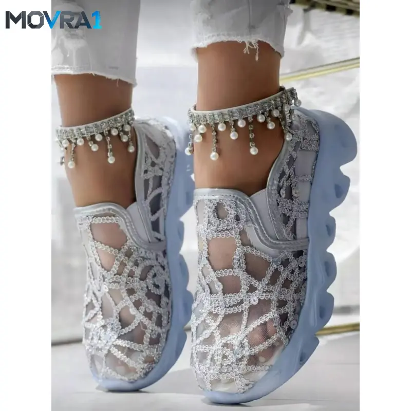 MOVRA1 Women's Breathable Mesh Fashion Sneakers with Metal Sequins, Casual Round Toe Low Top Shoes, All-Season Comfort Footwear, Trendy Walking Sneaker