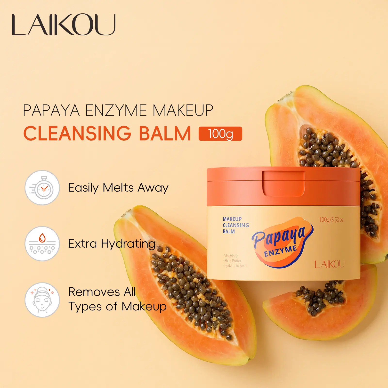 Papaya Enzyme Makeup Remover Balm 100g, Gentle Cleansing Formula, Ideal for All Skin Types, Effective Removal, Moisturizing & Soothing