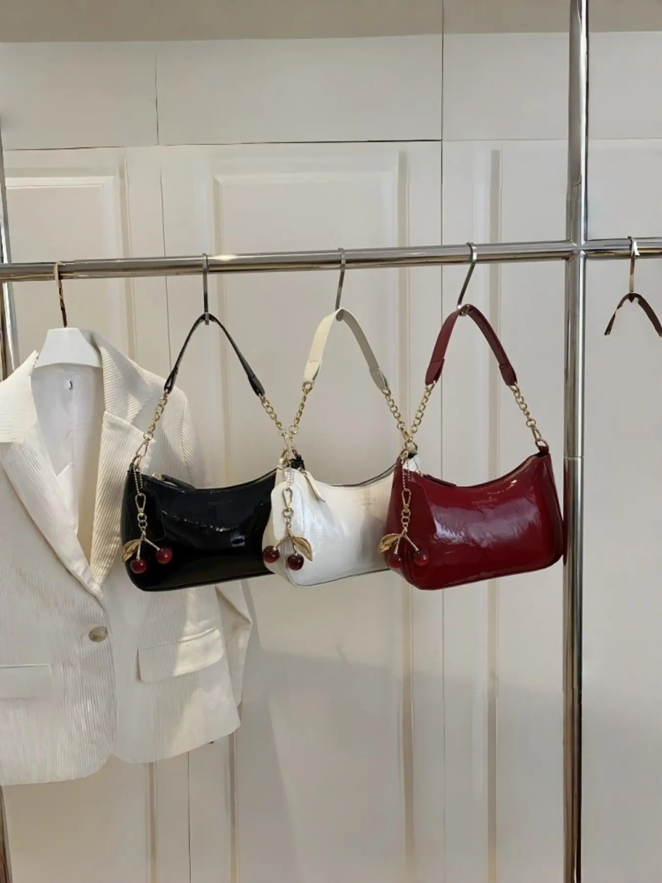 Vintage Sweet Cool Style Bag, Glossy Leather Cherry Charm Accessory, Single Piece Underarm Bag, Daily Essential