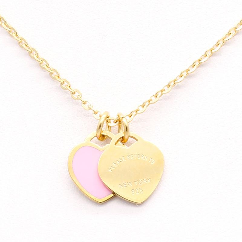 New luxury enamel pink double heart necklace, 18k gold titanium steel, versatile new style