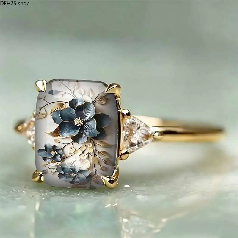 Blue Floral Art Ring for Women, Vintage Style Finger Jewelry with Oil Painting Effect for Daily Wear, Parties, and Gifting Artistic Flair Elegant Design