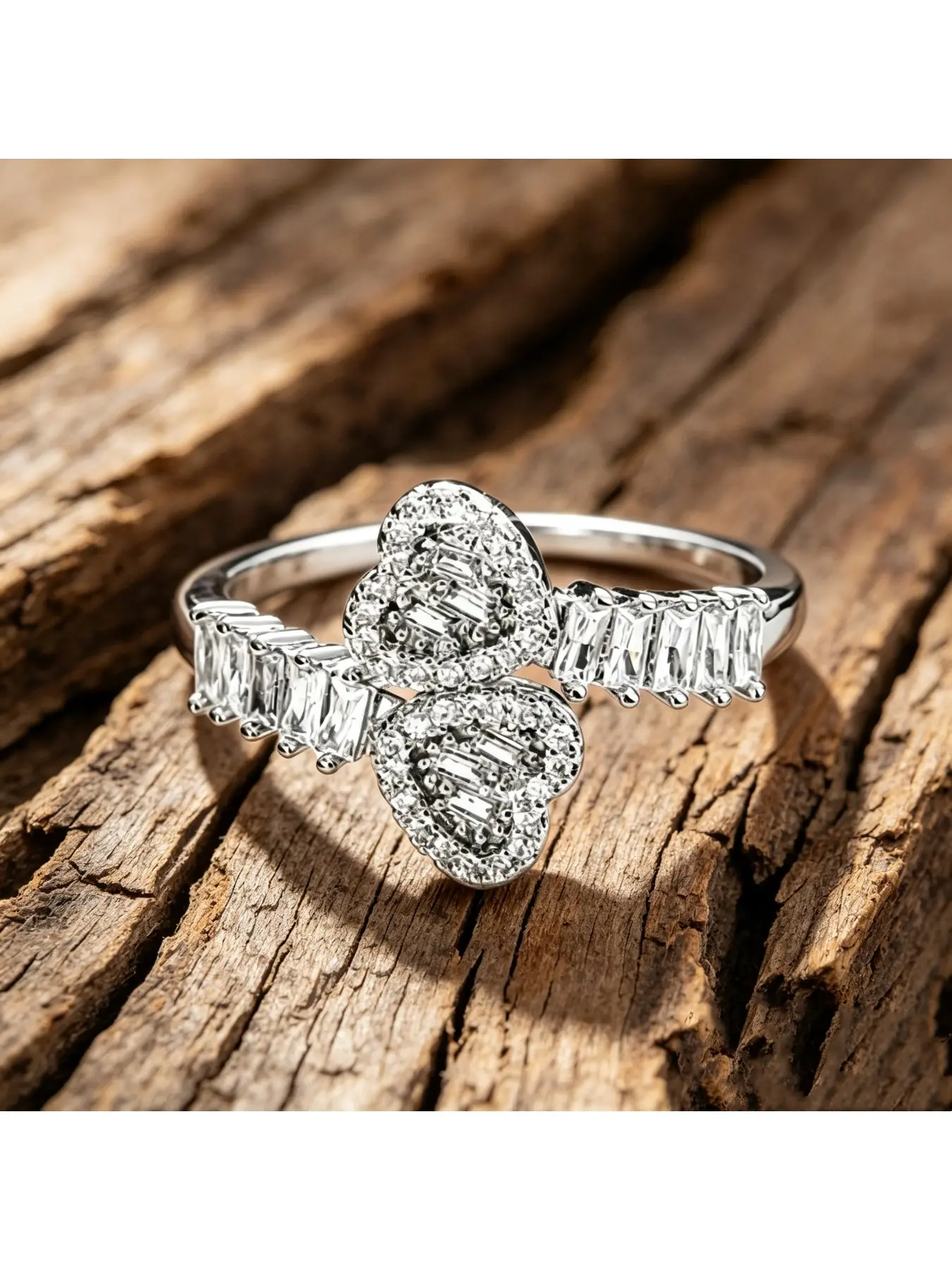 Double Heart Round Stone with Side Baguette Cross Silver Wedding Band, Gorgeous Double Layer Eternity Band, Shiny Sweet Birthday Gift for Young Ladies, Stackable Women Jewelry, Fit for Valentine Proposal and Christmas Dinner Occasions